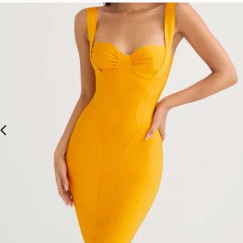 House Of Cb Charlene Tangerine Bandage Midi Dress Size Xs